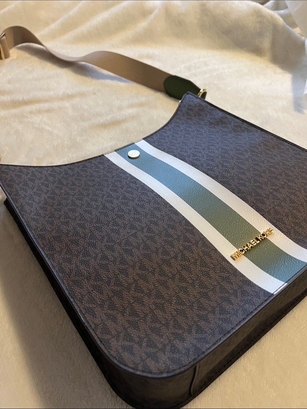 Michael Kors Brown Signature Shoulder Bag with Green & White Stripe